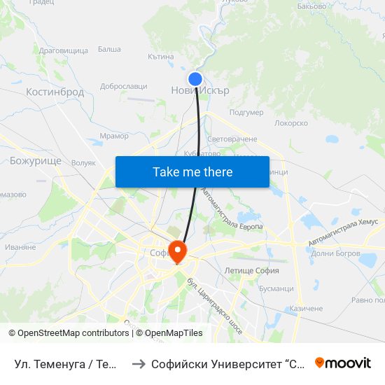 Ул. Теменуга / Temenuga St. (2200) to Софийски Университет “Св. Климент Охридски"" map