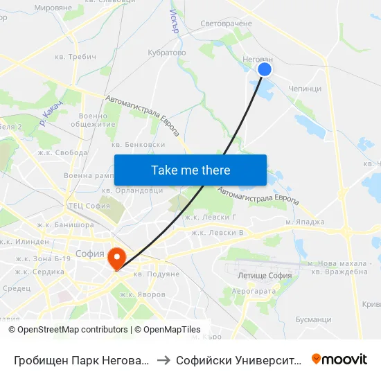 Гробищен Парк Негован / Negovan Cemetery (0508) to Софийски Университет “Св. Климент Охридски"" map