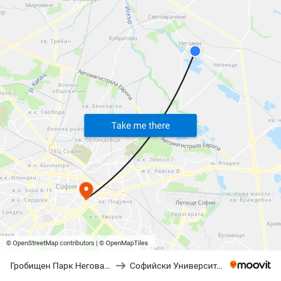 Гробищен Парк Негован / Negovan Cemetery (0507) to Софийски Университет “Св. Климент Охридски"" map