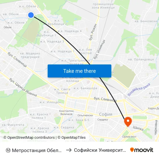 Ⓜ️ Метростанция Обеля / Obelya Metro Station (6240) to Софийски Университет “Св. Климент Охридски"" map