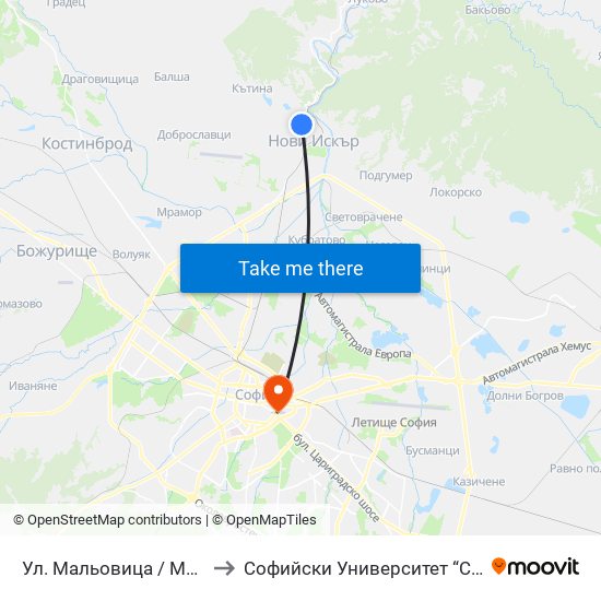 Ул. Мальовица / Malyovitsa St. (2538) to Софийски Университет “Св. Климент Охридски"" map