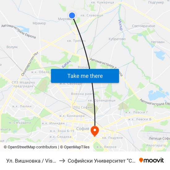 Ул. Вишновка / Vishnovka St. (2632) to Софийски Университет “Св. Климент Охридски"" map