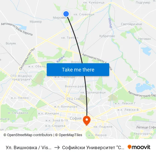 👋 Ул. Вишновка / Vishnovka St. (2631) to Софийски Университет “Св. Климент Охридски"" map