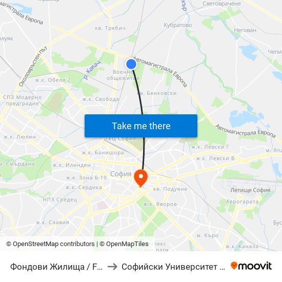 Фондови Жилища / Fondovi Zhilishta (2293) to Софийски Университет “Св. Климент Охридски"" map