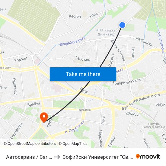 Автосервиз / Car Service (0514) to Софийски Университет “Св. Климент Охридски"" map