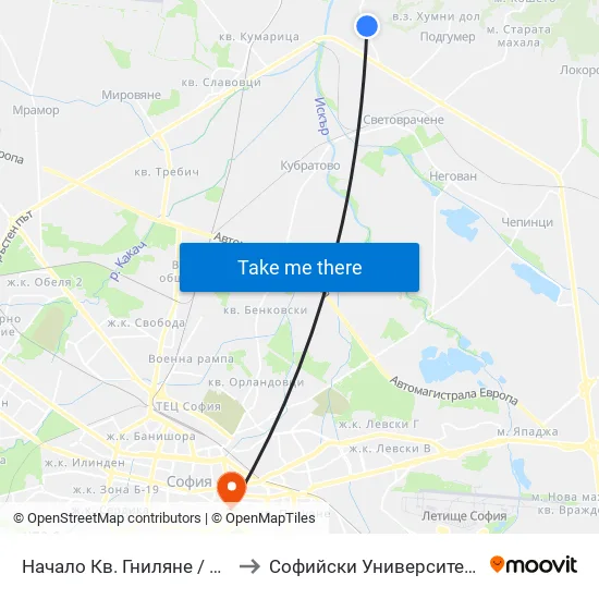 Начало Кв. Гниляне / Entry To Gnilyane Qr. (1125) to Софийски Университет “Св. Климент Охридски"" map