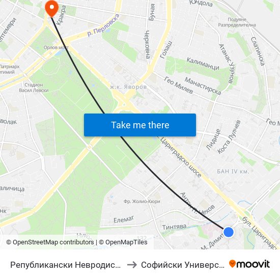 Републикански Невродиспансер / National Neurology Clinic (0492) to Софийски Университет “Св. Климент Охридски"" map