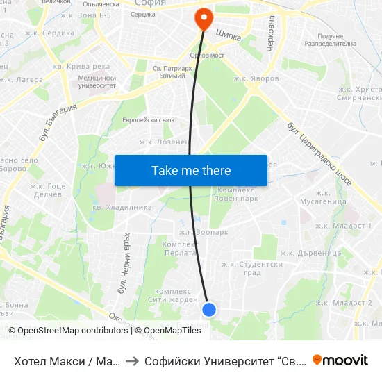 Хотел Макси / Maxi Hotel (2509) to Софийски Университет “Св. Климент Охридски"" map