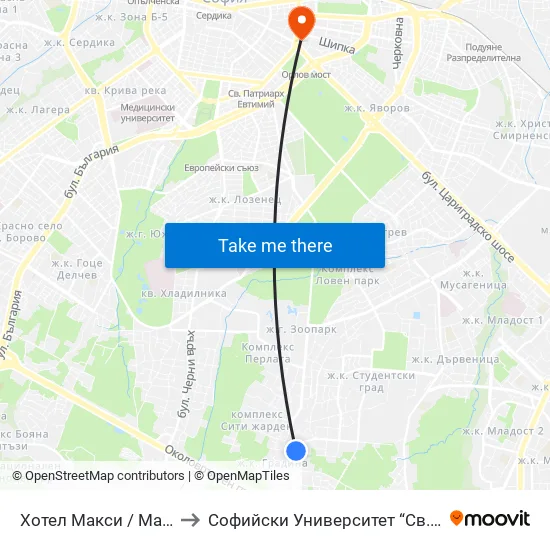 Хотел Макси / Maxi Hotel (2320) to Софийски Университет “Св. Климент Охридски"" map