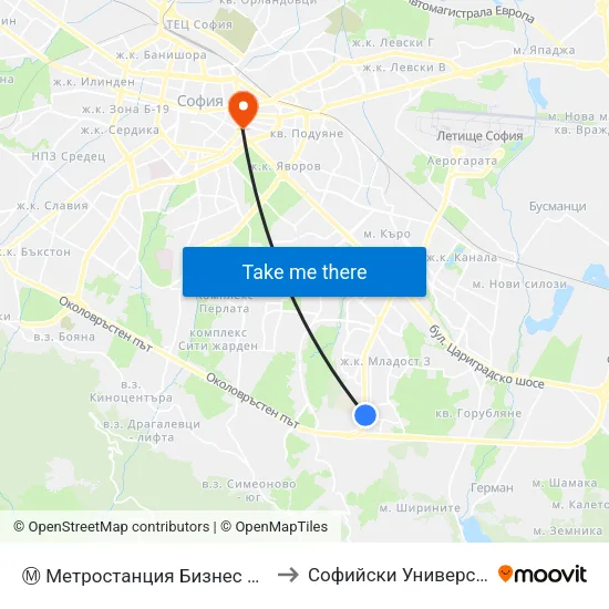 Ⓜ️ Метростанция Бизнес Парк / Business Park Metro Station (2491) to Софийски Университет “Св. Климент Охридски"" map