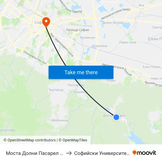 Моста Долни Пасарел / Dolni Pasarel Bridge (1088) to Софийски Университет “Св. Климент Охридски"" map
