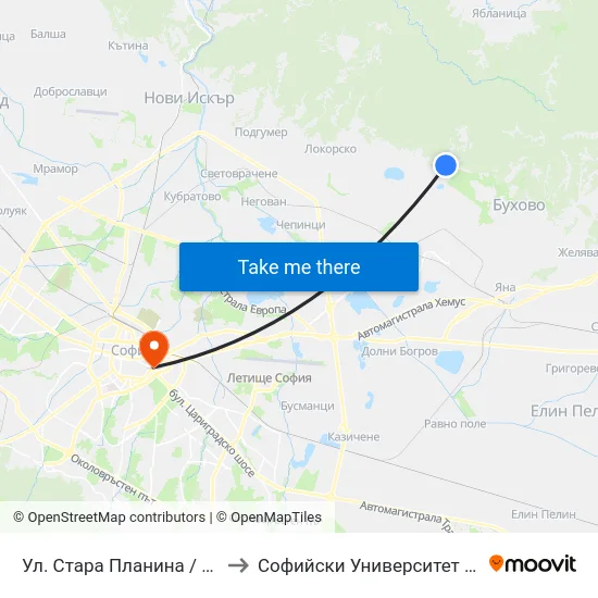 Ул. Стара Планина / Stara Planina St. (2537) to Софийски Университет “Св. Климент Охридски"" map