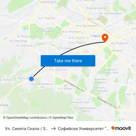 👋 Ул. Синята Скала / Sinyata Skala St. (2174) to Софийски Университет “Св. Климент Охридски"" map