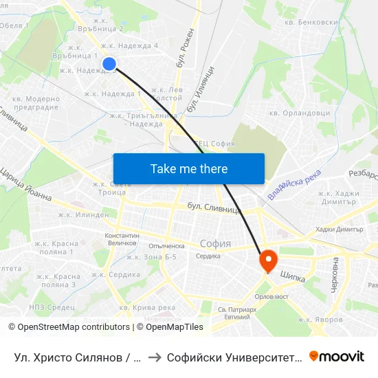 Ул. Христо Силянов / Hristo Silyanov St. (2658) to Софийски Университет “Св. Климент Охридски"" map