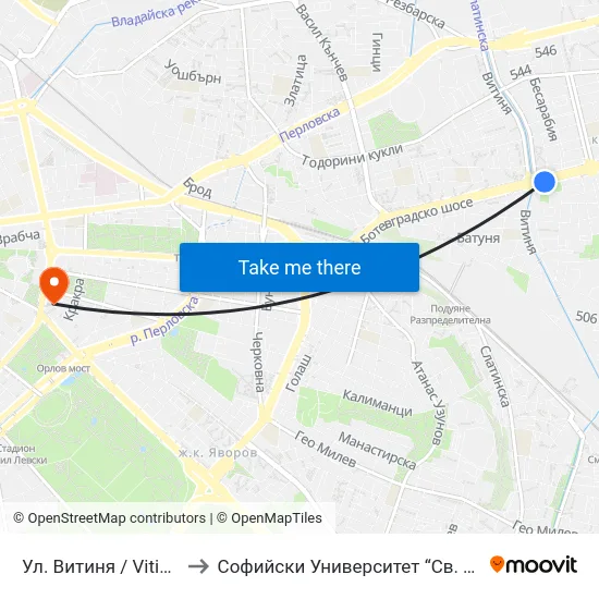 Ул. Витиня / Vitinya St. (1870) to Софийски Университет “Св. Климент Охридски"" map