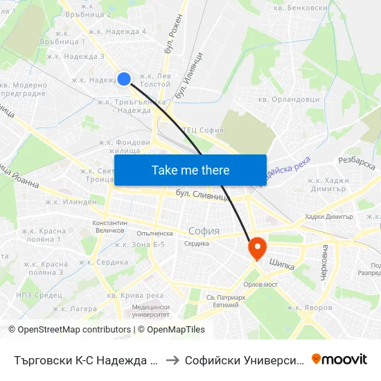 Търговски К-С Надежда / Nadezhda Shopping Centre (2299) to Софийски Университет “Св. Климент Охридски"" map