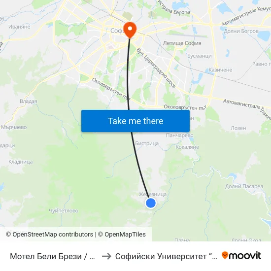 Мотел Бели Брези / Beli Brezi Motel (1104) to Софийски Университет “Св. Климент Охридски"" map
