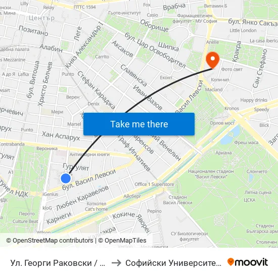 Ул. Георги Раковски / Georgi Rakovsky St. (1886) to Софийски Университет “Св. Климент Охридски"" map