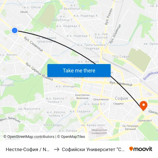 Нестле-София / Nestle Sofia (1140) to Софийски Университет “Св. Климент Охридски"" map