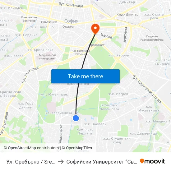 Ул. Сребърна / Srebarna St. (0977) to Софийски Университет “Св. Климент Охридски"" map