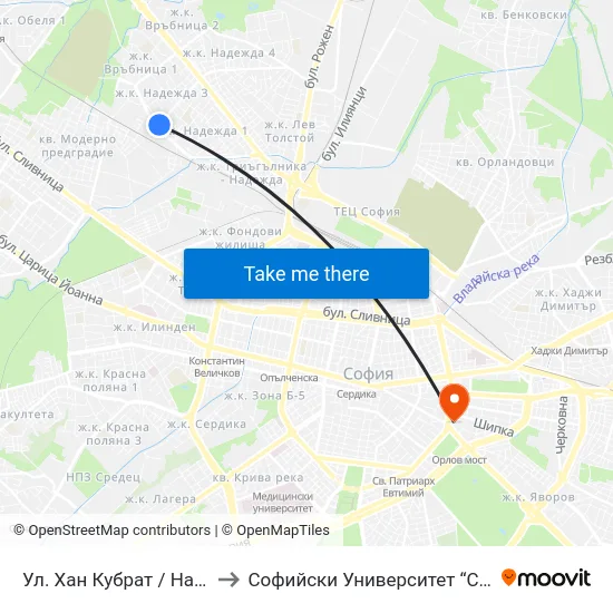 Ул. Хан Кубрат / Han Kubrat St. (2232) to Софийски Университет “Св. Климент Охридски"" map