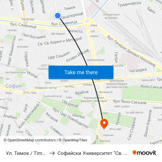 Ул. Тимок / Timok St. (2205) to Софийски Университет “Св. Климент Охридски"" map