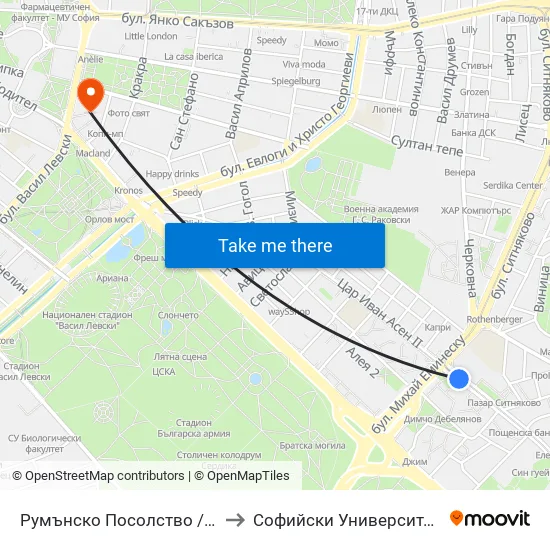 Румънско Посолство / Embassy Of Romania (1491) to Софийски Университет “Св. Климент Охридски"" map