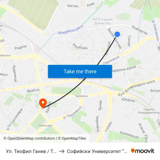 Ул. Теофил Ганев / Teofil Ganev St.(2204) to Софийски Университет “Св. Климент Охридски"" map