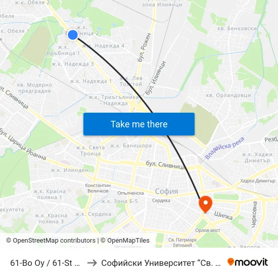 61-Во Оу / 61-St School (2280) to Софийски Университет “Св. Климент Охридски"" map