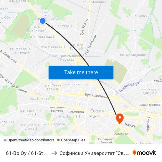61-Во Оу / 61-St School (2278) to Софийски Университет “Св. Климент Охридски"" map