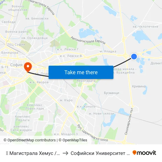 🛍️ Магистрала Хемус / Hemus Highway (2695) to Софийски Университет “Св. Климент Охридски"" map