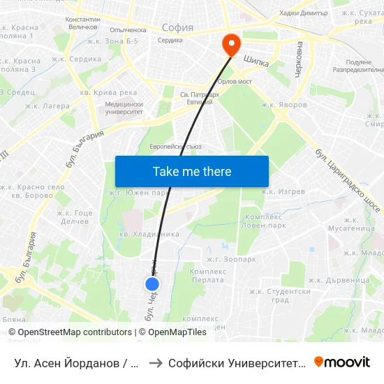 Ул. Асен Йорданов / Asen Yordanov St. (0786) to Софийски Университет “Св. Климент Охридски"" map