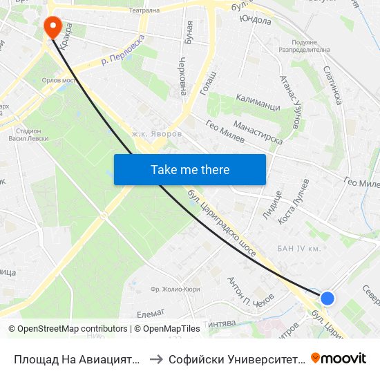 Площад На Авиацията / Aviation Square (1260) to Софийски Университет “Св. Климент Охридски"" map