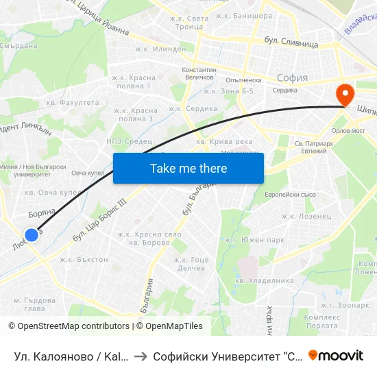 Ул. Калояново / Kaloyanovo St. (0773) to Софийски Университет “Св. Климент Охридски"" map