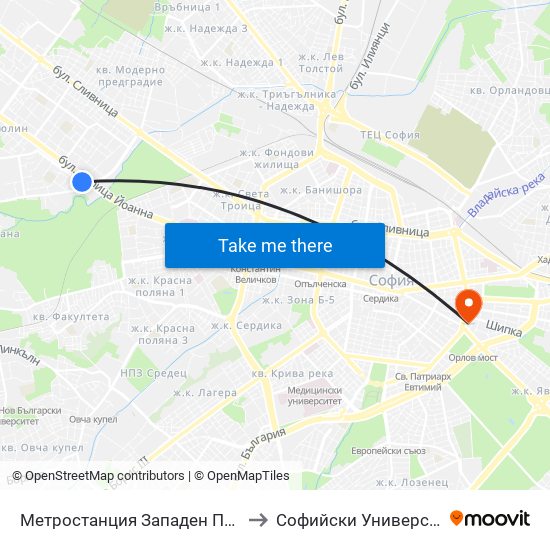 Метростанция Западен Парк / Zapaden Park Metro Station (1048) to Софийски Университет “Св. Климент Охридски"" map