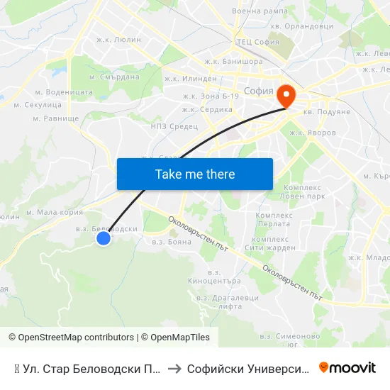 👋 Ул. Стар Беловодски Път / Star Belovodski Pat St. (1855) to Софийски Университет “Св. Климент Охридски"" map