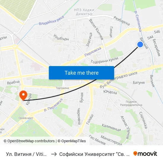 Ул. Витиня / Vitinya St. (1871) to Софийски Университет “Св. Климент Охридски"" map