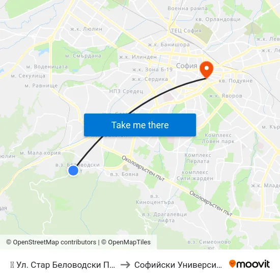 👋 Ул. Стар Беловодски Път / Star Belovodski Pat St. (1854) to Софийски Университет “Св. Климент Охридски"" map