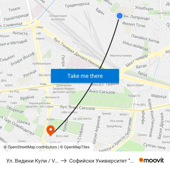 Ул. Видини Кули / Vidini Kuli St. (1868) to Софийски Университет “Св. Климент Охридски"" map