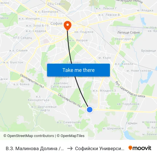 В.З. Малинова Долина / Malinova Dolina Villa Zone (2623) to Софийски Университет “Св. Климент Охридски"" map