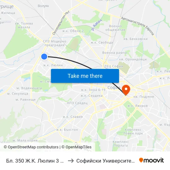 Бл. 350 Ж.К. Люлин 3 / Bl. 350, Lyulin 3 Qr. (0199) to Софийски Университет “Св. Климент Охридски"" map