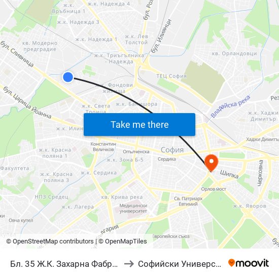 Бл. 35 Ж.К. Захарна Фабрика / Bl. 35, Zaharna Fabrika Qr. (0195) to Софийски Университет “Св. Климент Охридски"" map