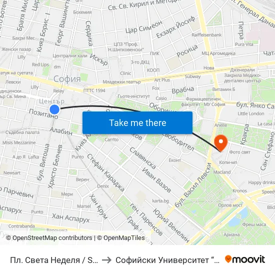 Пл. Света Неделя / St. Nedelya Sq. (1307) to Софийски Университет “Св. Климент Охридски"" map
