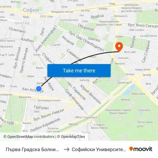 Първа Градска Болница / 1-St City Hospital (1423) to Софийски Университет “Св. Климент Охридски"" map