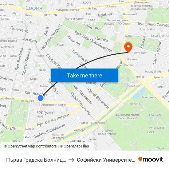 Първа Градска Болница / 1-St City Hospital (1422) to Софийски Университет “Св. Климент Охридски"" map
