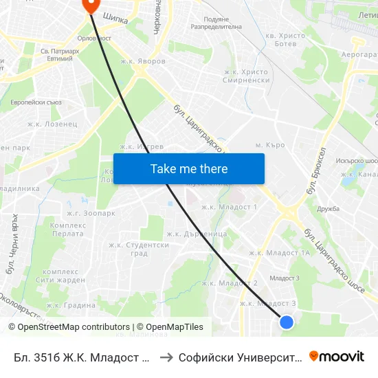 Бл. 351б Ж.К. Младост 3 / Bl. 315b, Mladost 3 Qr. (0202) to Софийски Университет “Св. Климент Охридски"" map