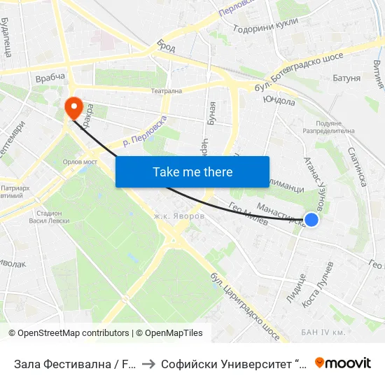 Зала Фестивална / Festivalna Hall (0730) to Софийски Университет “Св. Климент Охридски"" map