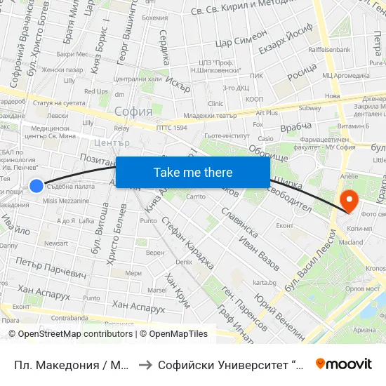 Пл. Македония / Macedonia Sq. (1284) to Софийски Университет “Св. Климент Охридски"" map