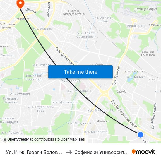 Ул. Инж. Георги Белов / Inzh. Georgi Belov St. (0777) to Софийски Университет “Св. Климент Охридски"" map