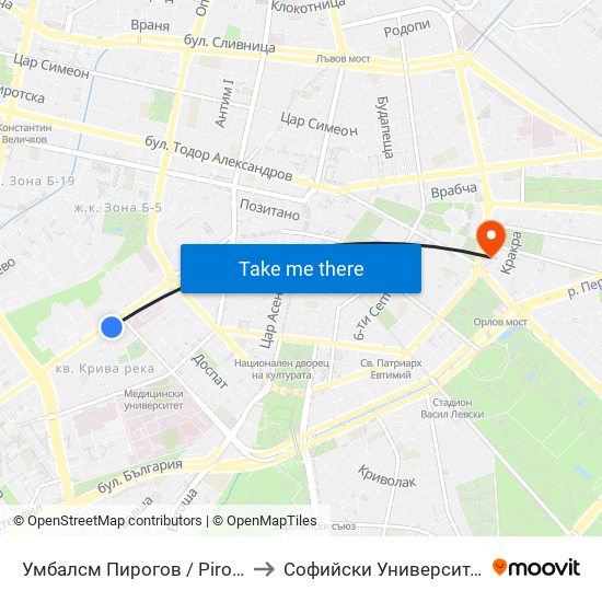 Умбалсм Пирогов / Pirogov Emergency Hospital (0760) to Софийски Университет “Св. Климент Охридски"" map